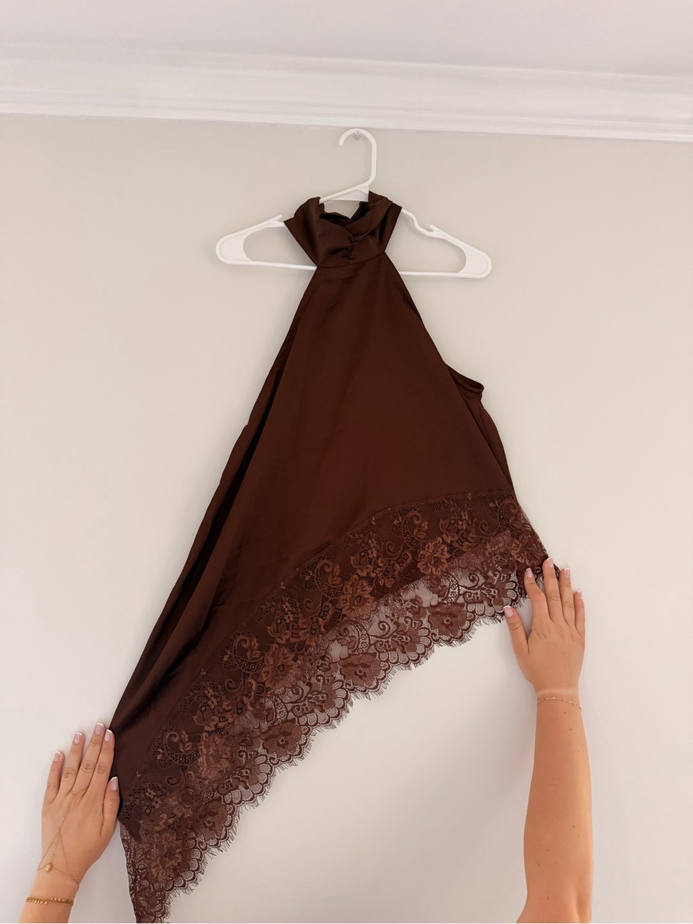Brown Silk Lace-Hem Halter Top